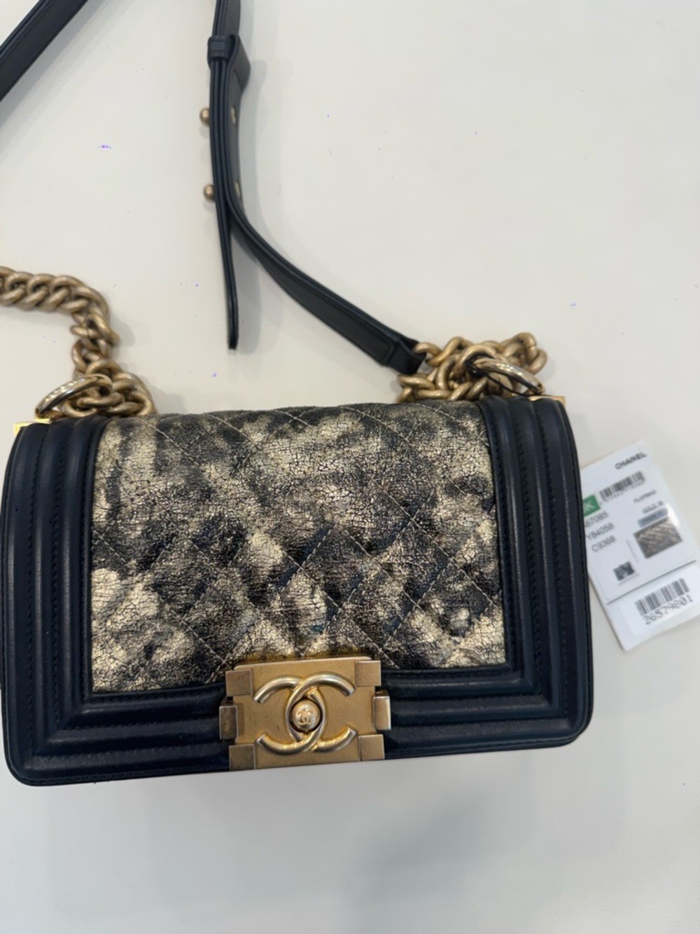 CHANEL Black and Gold Quilted Boy Crossbody Bag